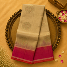 Cream Tussar Silk Saree with Gold Zari Motifs & Dark Pink Border