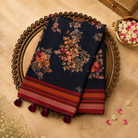 Dark Blue Semi Tussar Silk Saree with Floral Print & Multicolour Striped Border