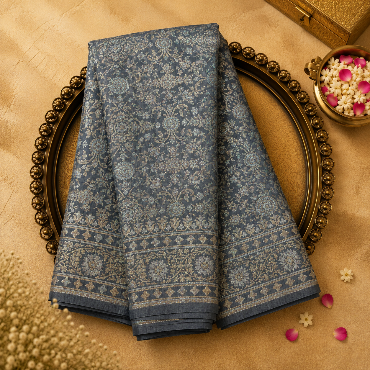 Grey Semi Banarasi Silk Saree with Floral Weave & Gold Floral Border
