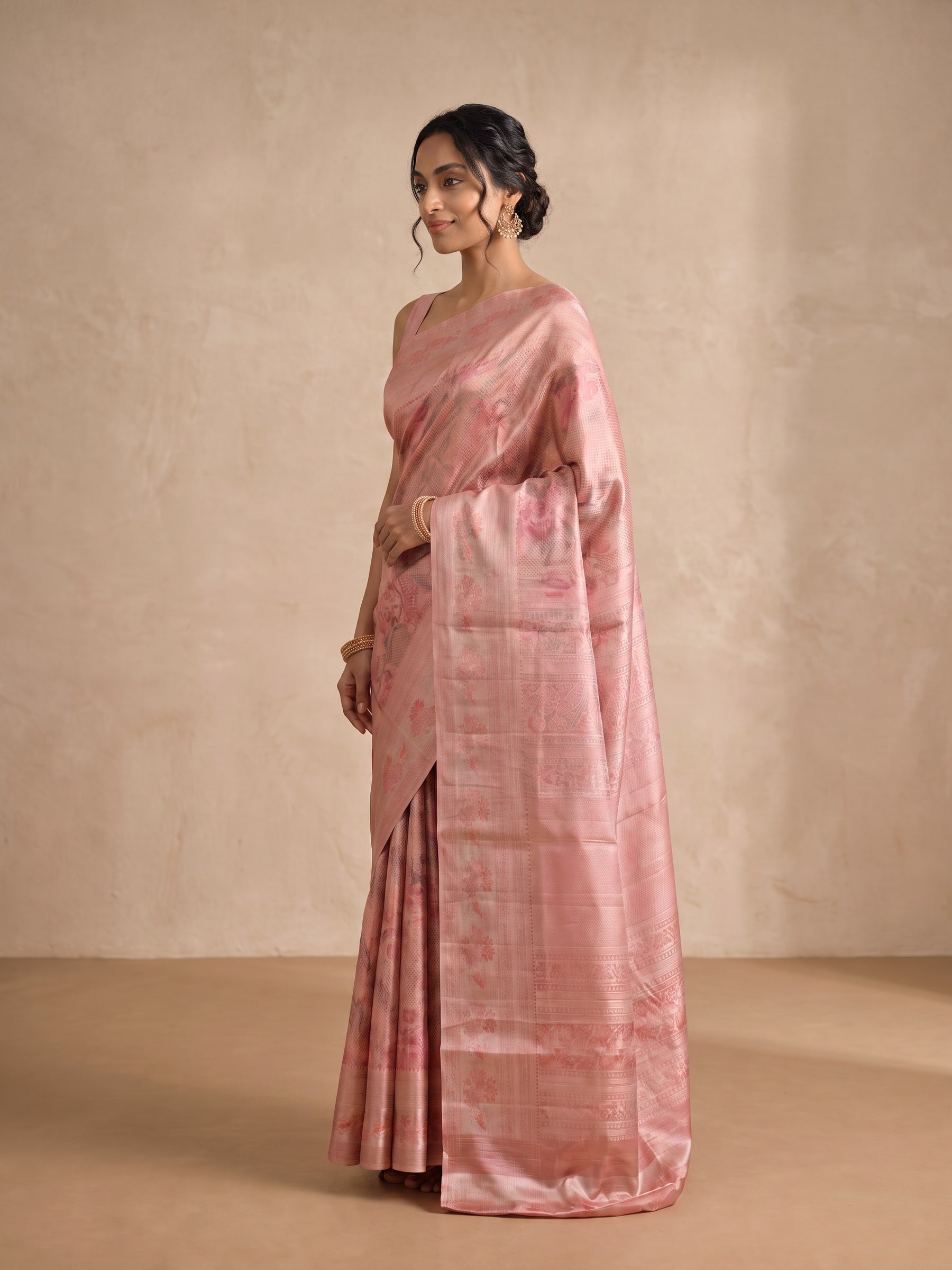 Dusty Rose Banaras Georgette Saree - side standing