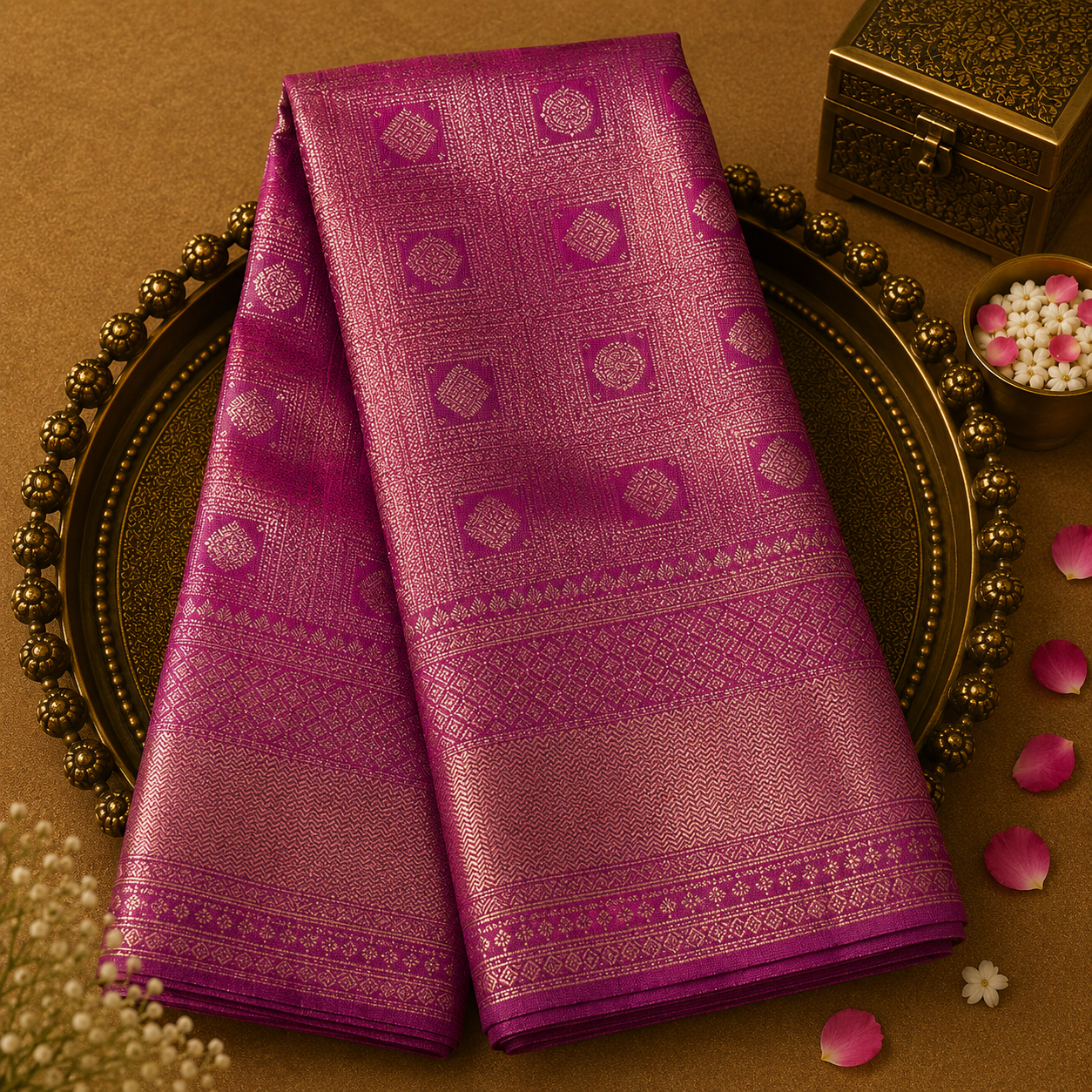 Light Pink Pure Kanjeevaram Silk Saree with Gold Zari Weave, Pink Border & Blouse