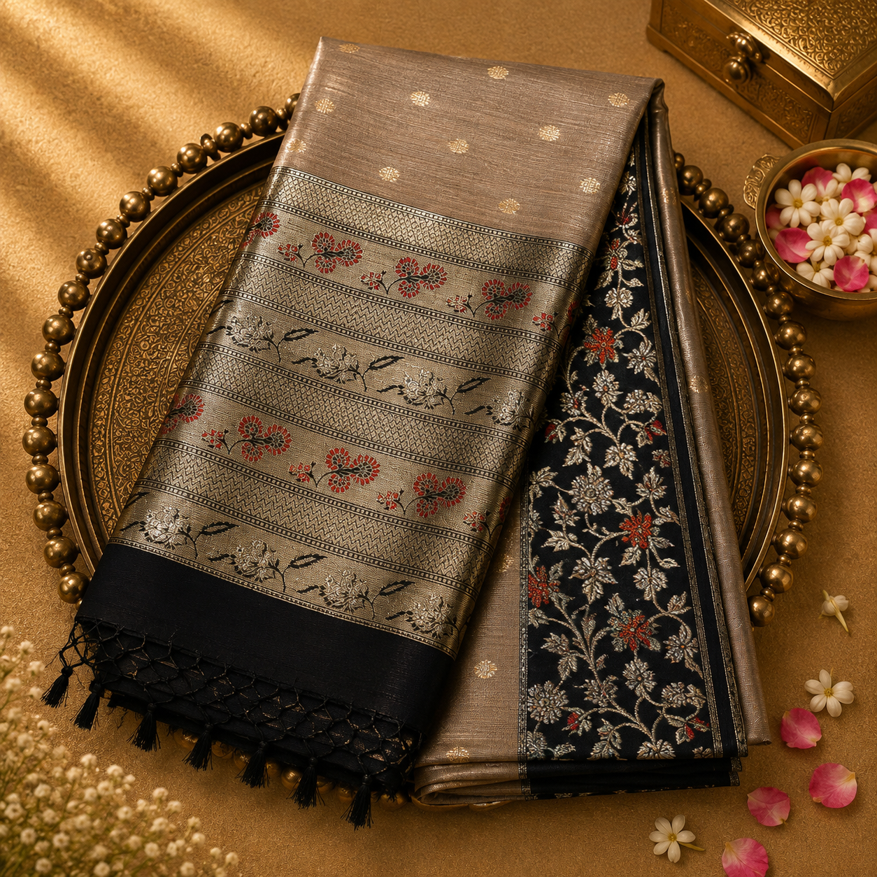 Gold-Black Tussar Silk Saree with Gold Buttas, Floral Border & Pallu