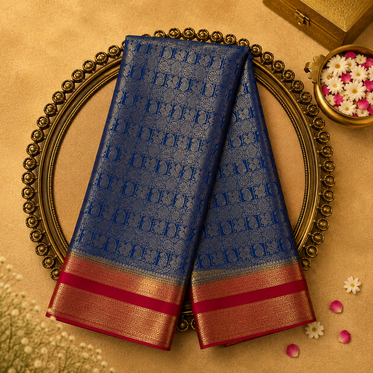 Peacock Blue Semi Crepe Silk Saree with Gold Zari Motifs, Pink-Gold Border & Pink Blouse