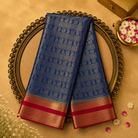 Peacock Blue Semi Crepe Silk Saree with Gold Zari Motifs, Pink-Gold Border & Pink Blouse