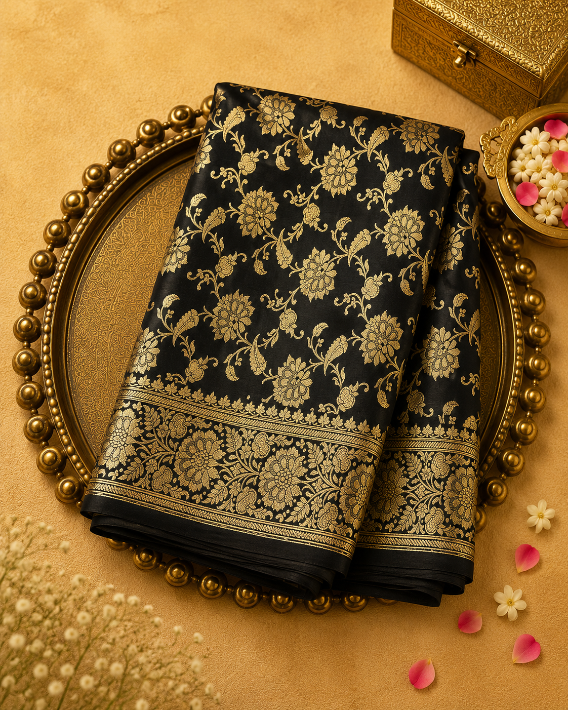 Black Banarasi Silk Saree with Floral Zari & Gold Floral Border