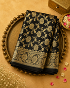 Black Banarasi Silk Saree with Floral Zari & Gold Floral Border