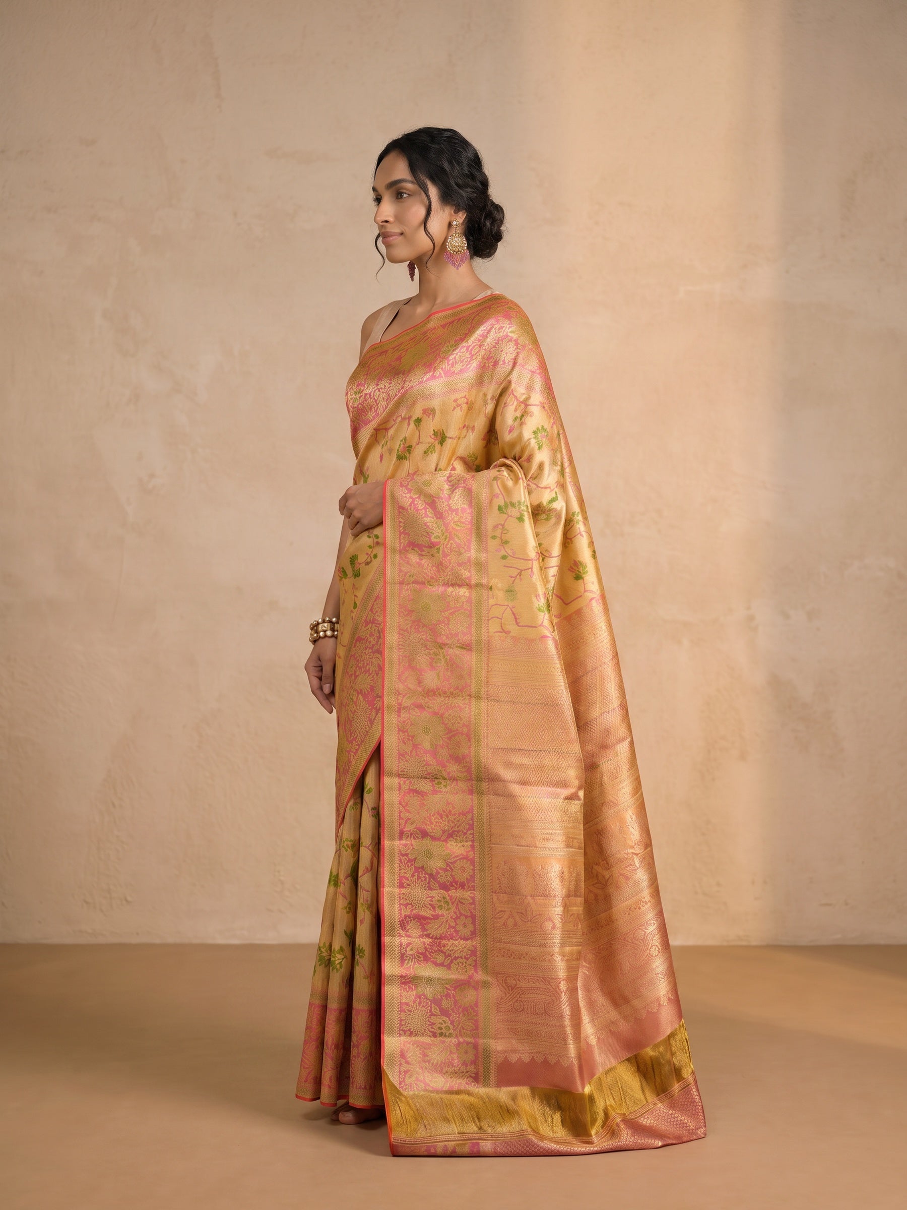 Golden Pure Kanjivaram Tissue Silk Saree - side standing