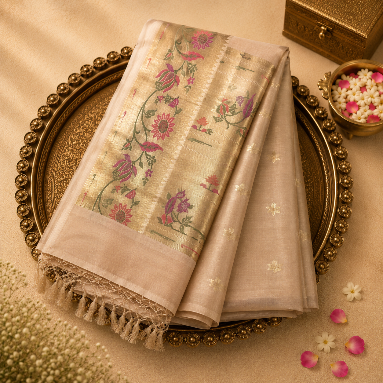 Cream Tussar Silk Saree with Gold Zari Motifs & Floral Pallu