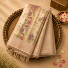 Cream Tussar Silk Saree with Gold Zari Motifs & Floral Pallu