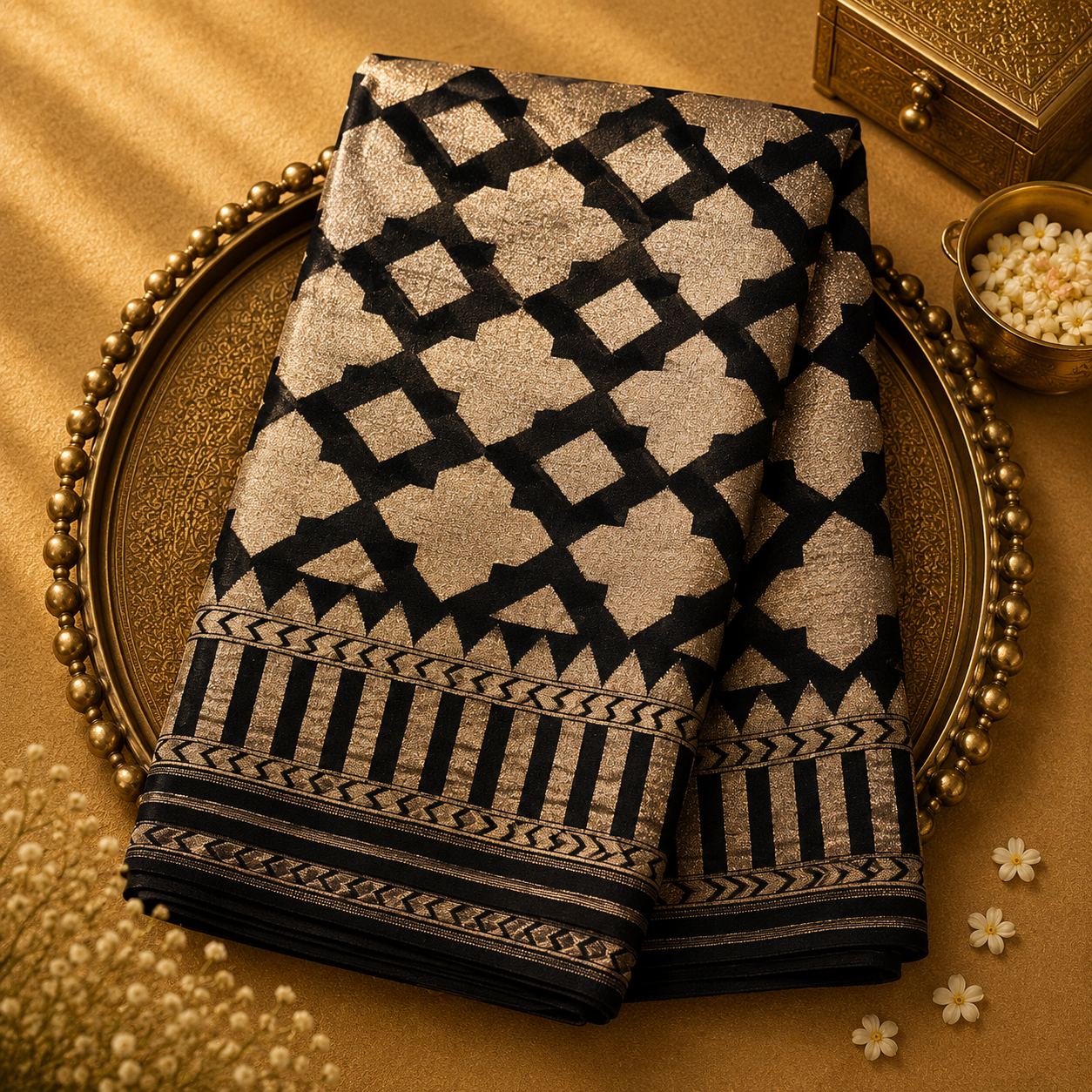 Black Banarasi Silk Saree with Gold Zari Motifs & Zari Border