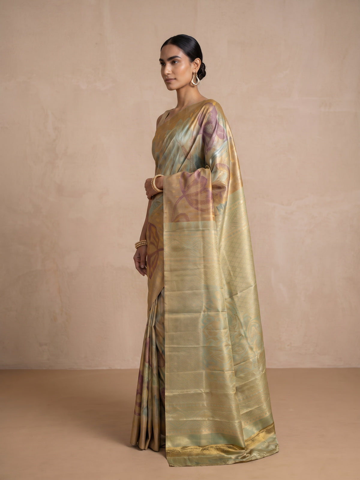 Golden Banaras Georgette Saree - side standing