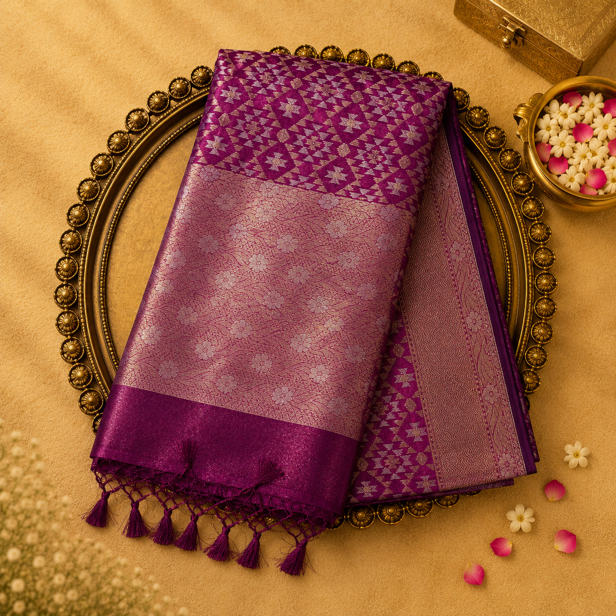 Purple Pure Banarasi Organza Kora Saree with Designer Zari Weave and Zari Border