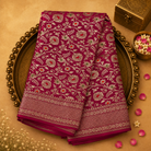 Bright Pink Pure Banarasi Georgette Saree with Gold Zari Brocade, Floral Border & Pink Blouse