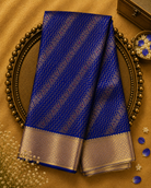 Royal Blue Kanjeevaram Silk Saree with Diagonal Zari & Lavender-Gold Border