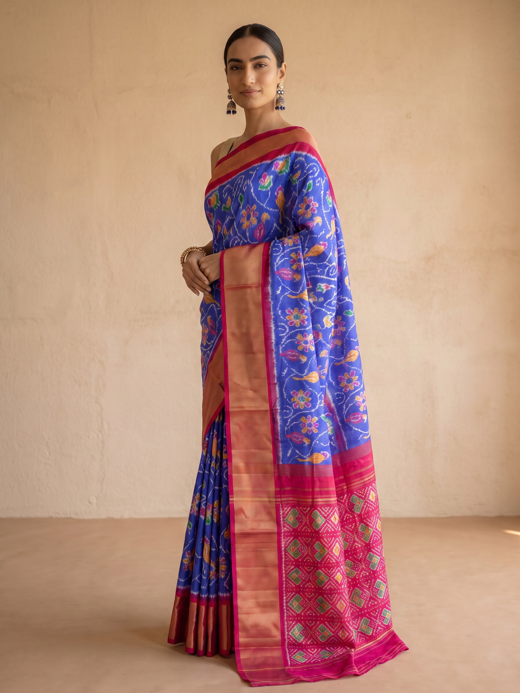 Royal Blue Patola Silk Saree - side standing