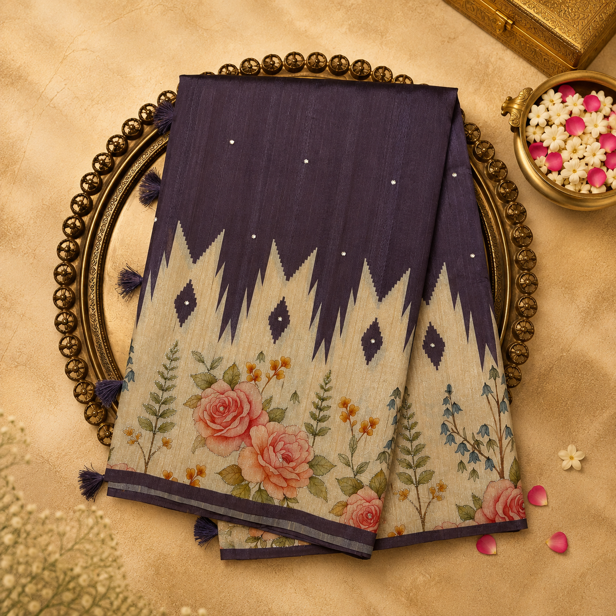 Dusky Purple Semi Tussar Silk Saree with White Floral Print Border