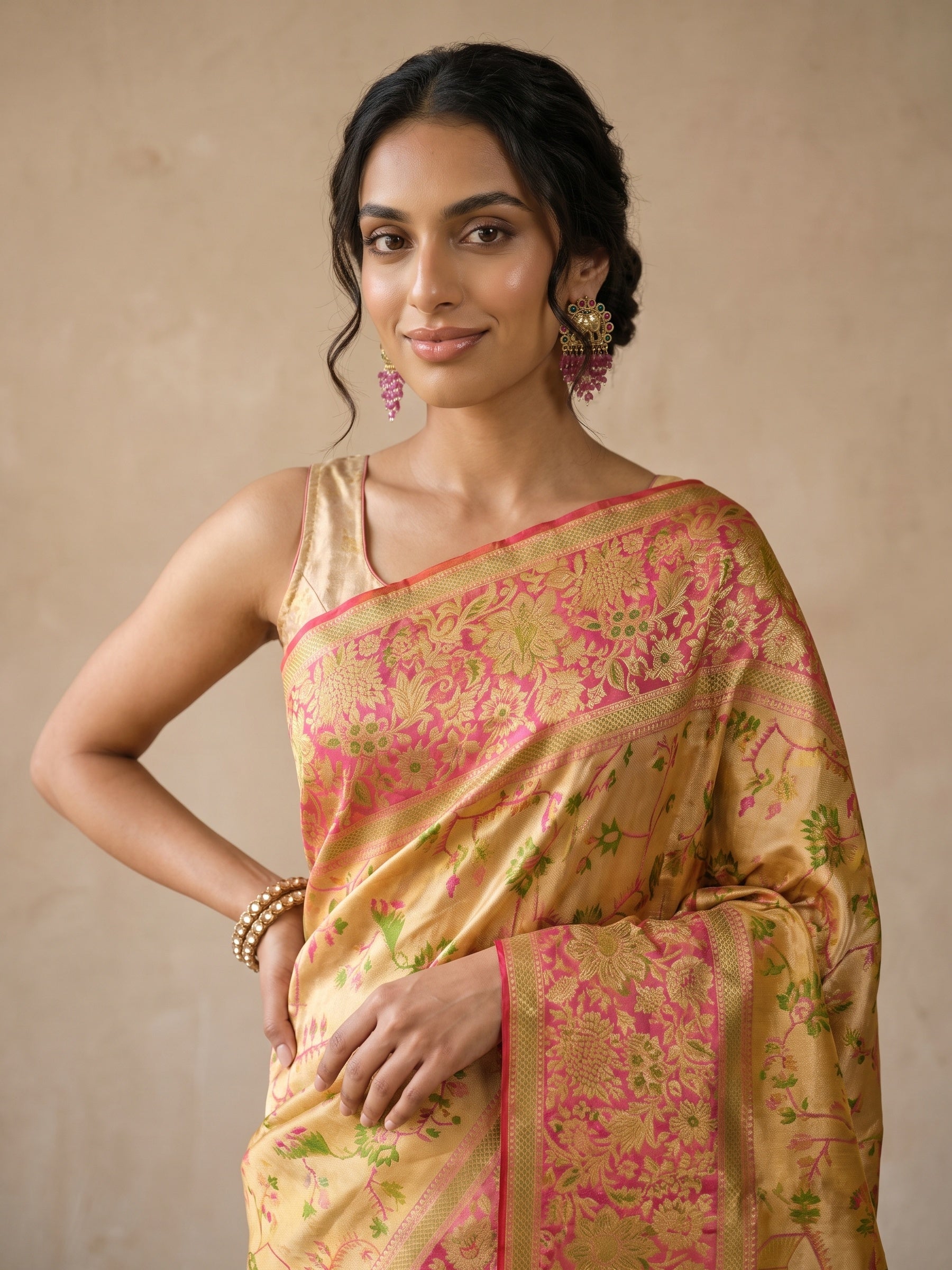 Golden Pure Kanjivaram Tissue Silk Saree - portrait