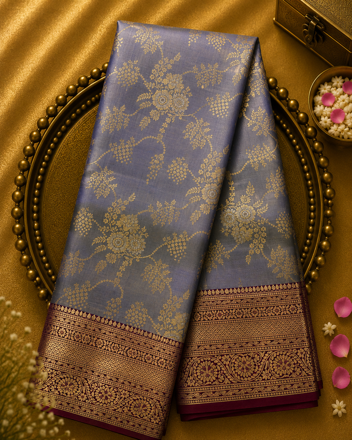 Grey Silk Saree with Gold Floral Work & Maroon Border
