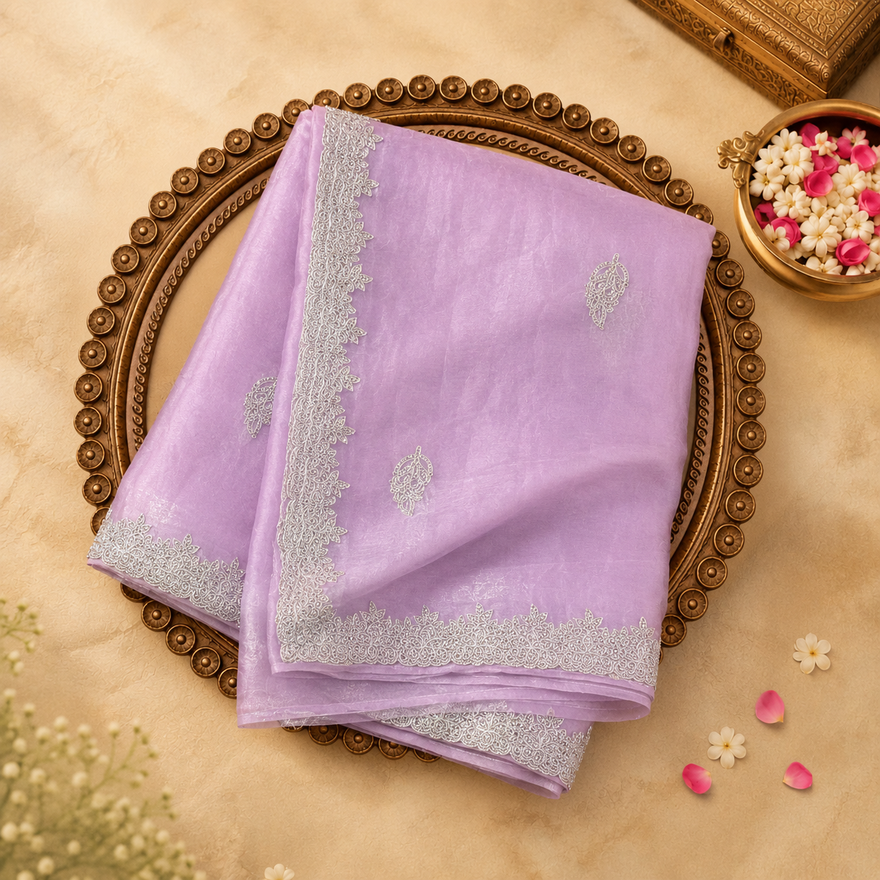 Light Lavender Soft Organza Saree with Silver Stones Border