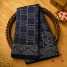 Dark Blue Semi Banarasi Silk Saree with Traditional Weave & Floral Border