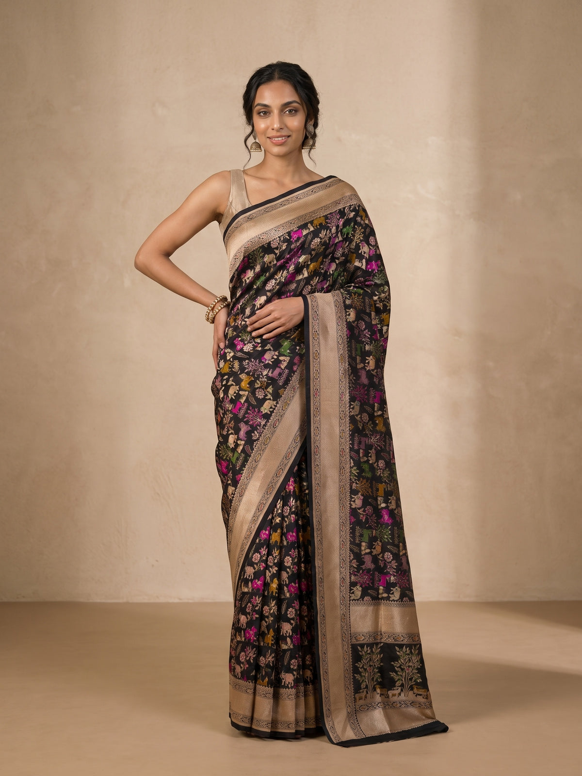 Black Banaras Georgette Saree - front standing