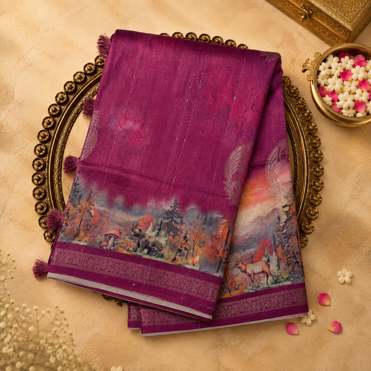 Dark Pink Semi Tussar Silk Saree with Silver Zari Lines & Animal Print Border