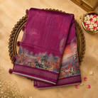 Dark Pink Semi Tussar Silk Saree with Silver Zari Lines & Animal Print Border