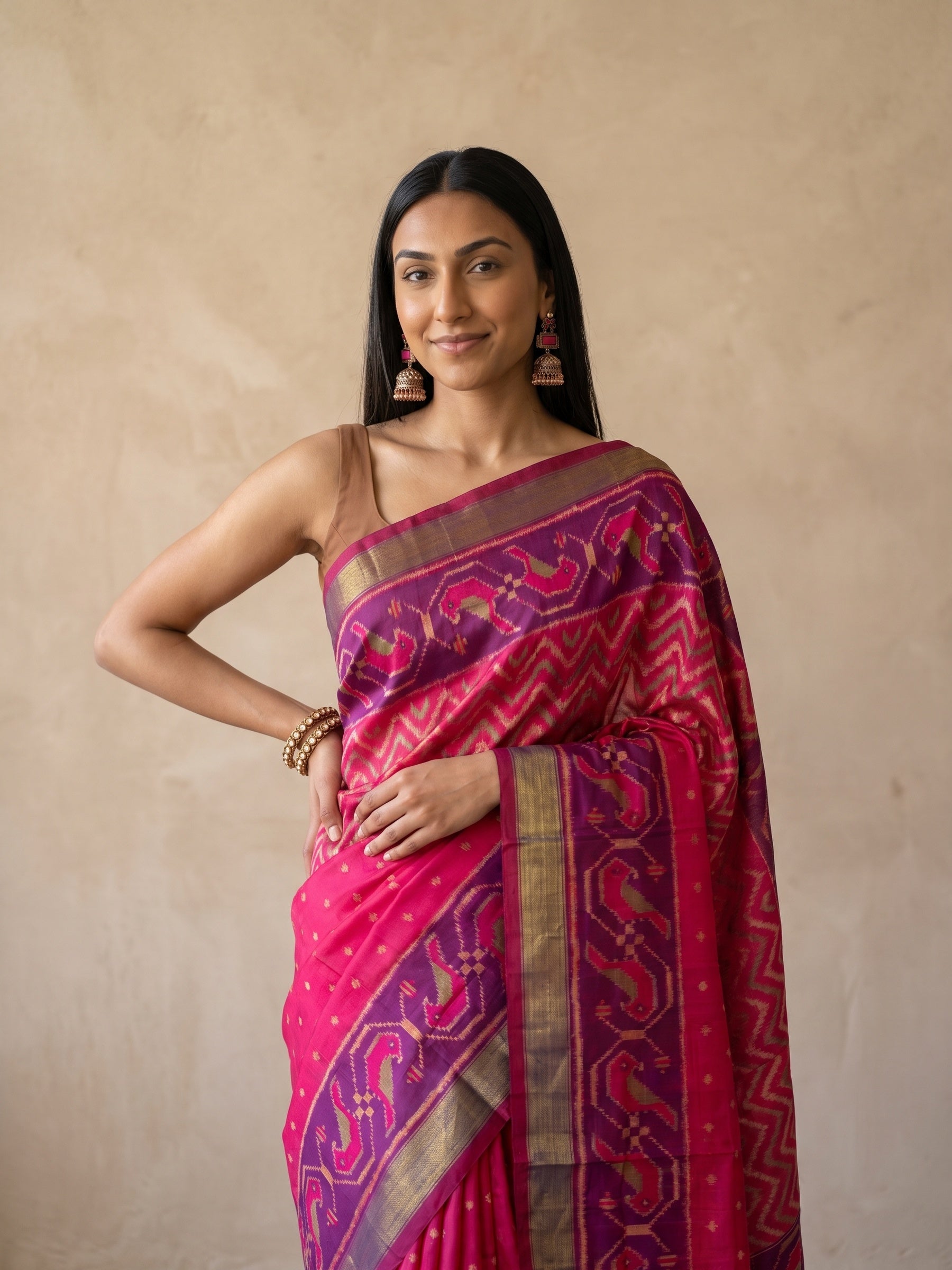 Pink & Purple Patola Silk Saree - front