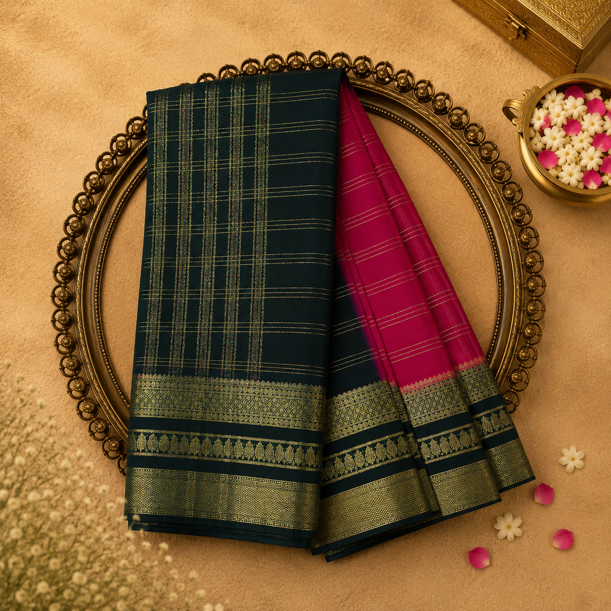 Pink Semi Crepe Silk Saree with Gold Zari Lines & Dark Green-Gold Border