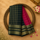 Pink Semi Crepe Silk Saree with Gold Zari Lines & Dark Green-Gold Border