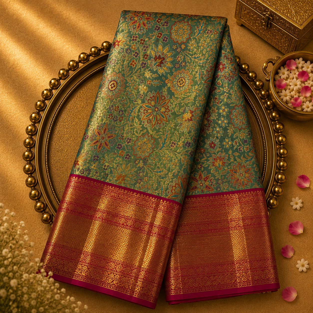 Peach Green Kanjeevaram Tissue Silk Saree with Gold Zari & Dark Pink-Gold Border