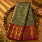 Peach Green Kanjeevaram Tissue Silk Saree with Gold Zari & Dark Pink-Gold Border