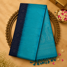 Dark Blue Pure Soft Silk Saree with Silver Zari, Teal Border, Pallu & Blouse