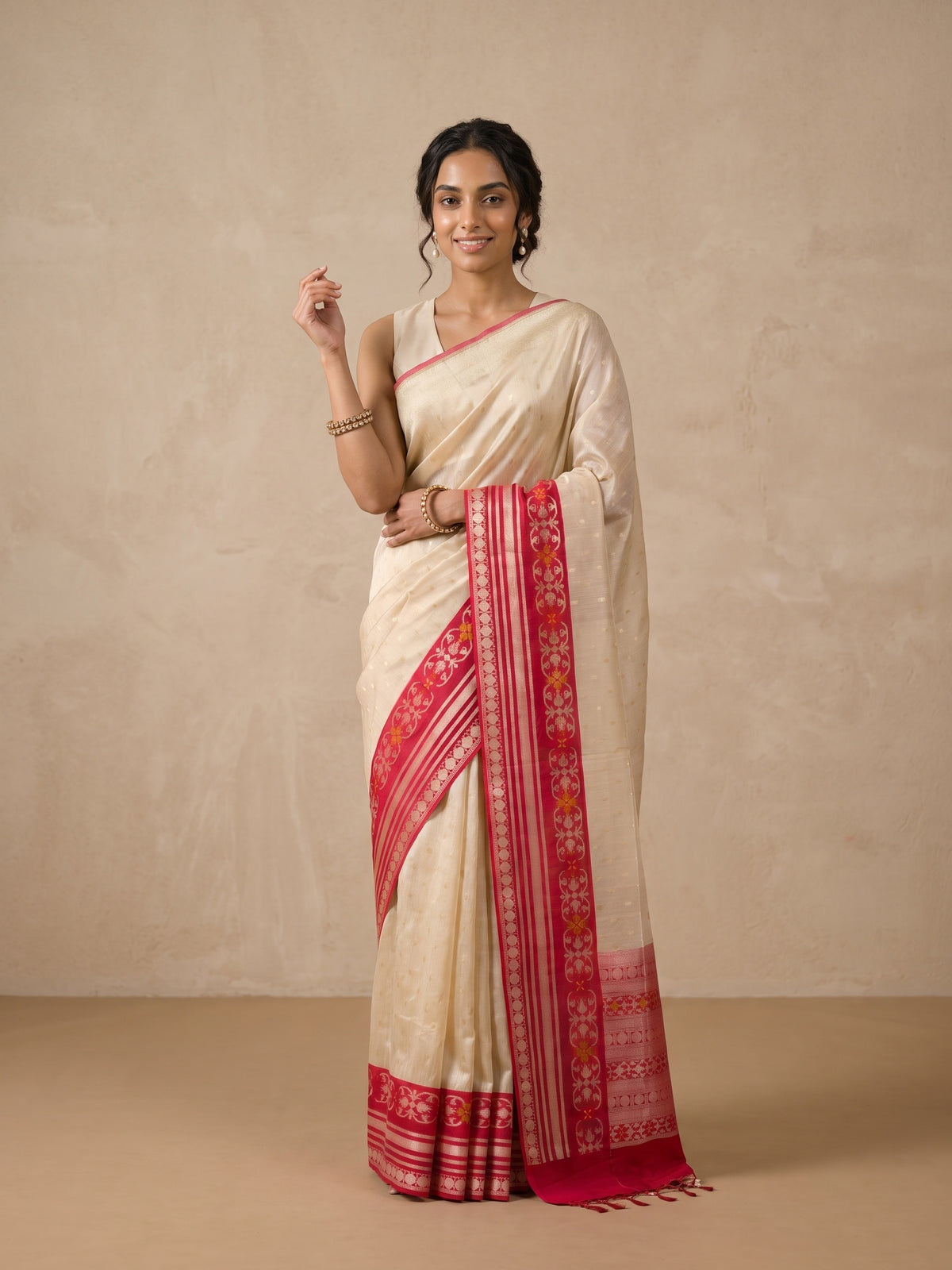 Beige Banaras Tussar Silk Saree - front standing