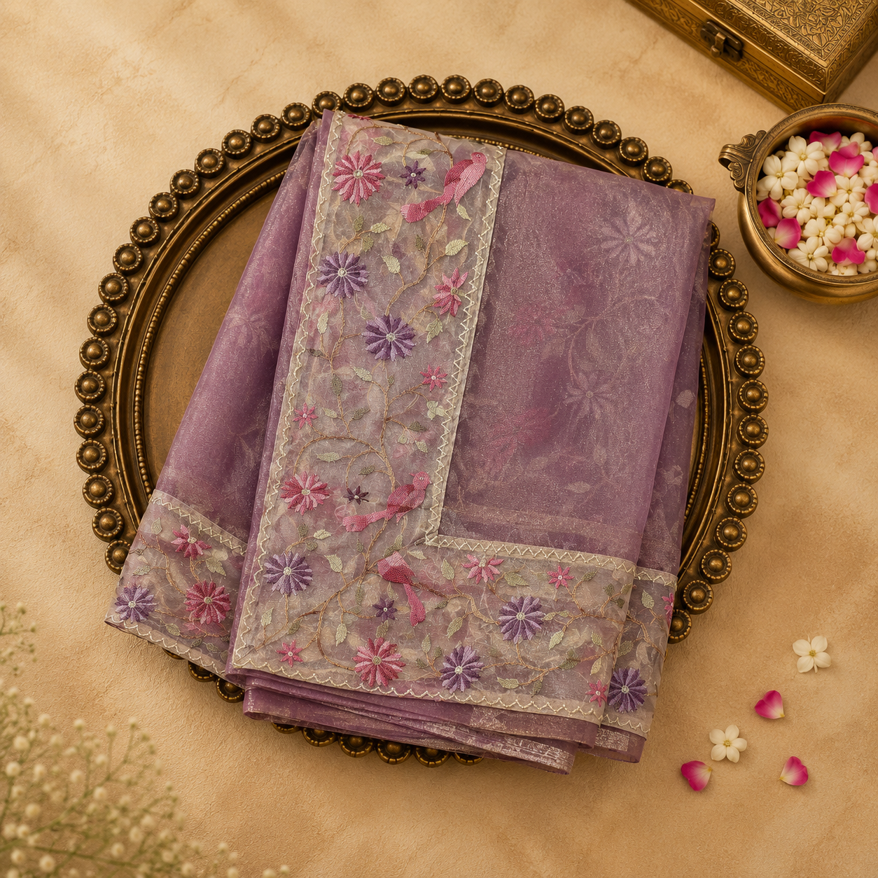 Dusky Lavender Saree with Attached White Organza Border and Floral Embroidery