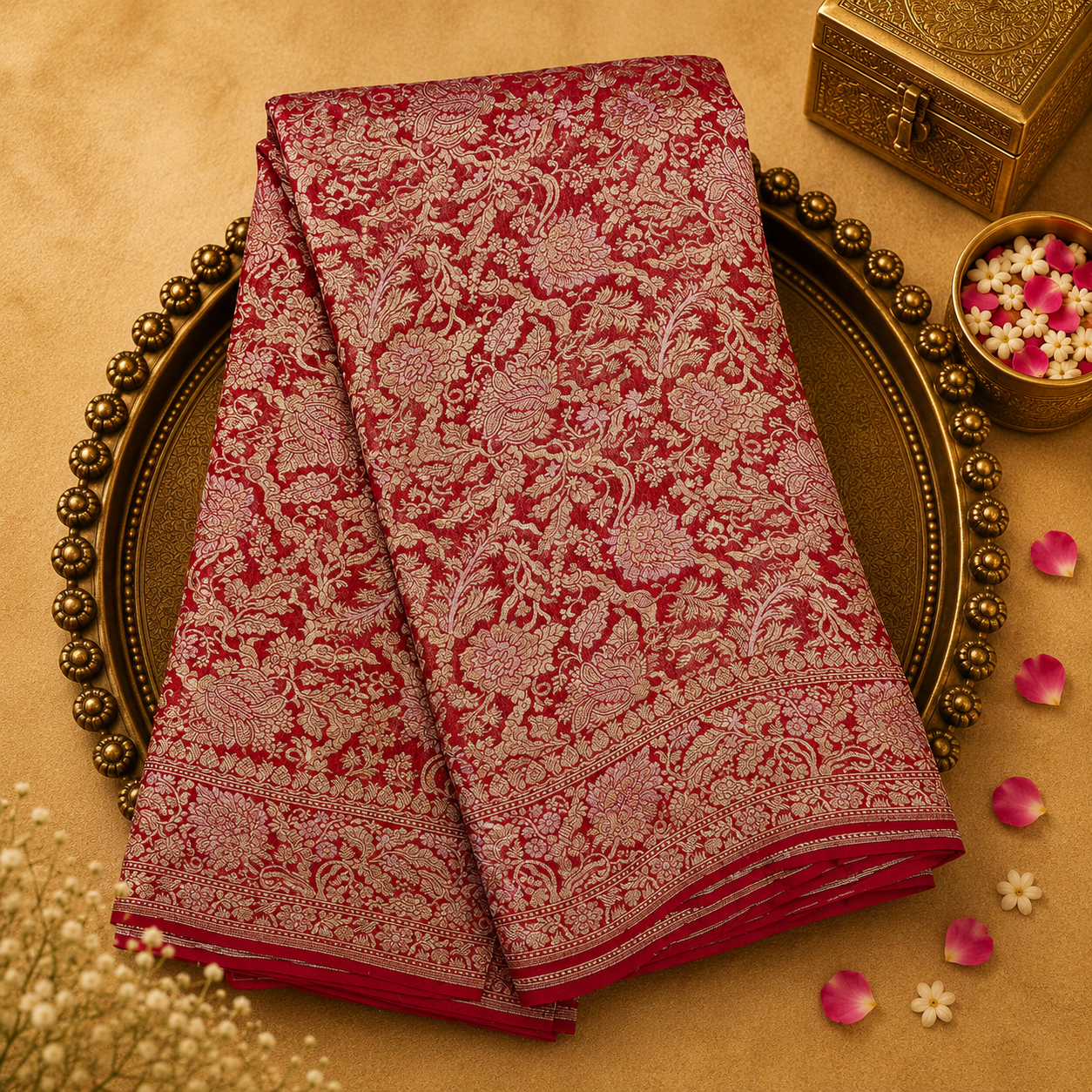 Bright Red Pure Banarasi Georgette Saree with Gold Floral Weave, Floral Border & Red Blouse