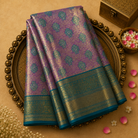 Lavender Semi Silk Saree with Teal Motifs, Teal-Gold Zari Border & Teal Blouse