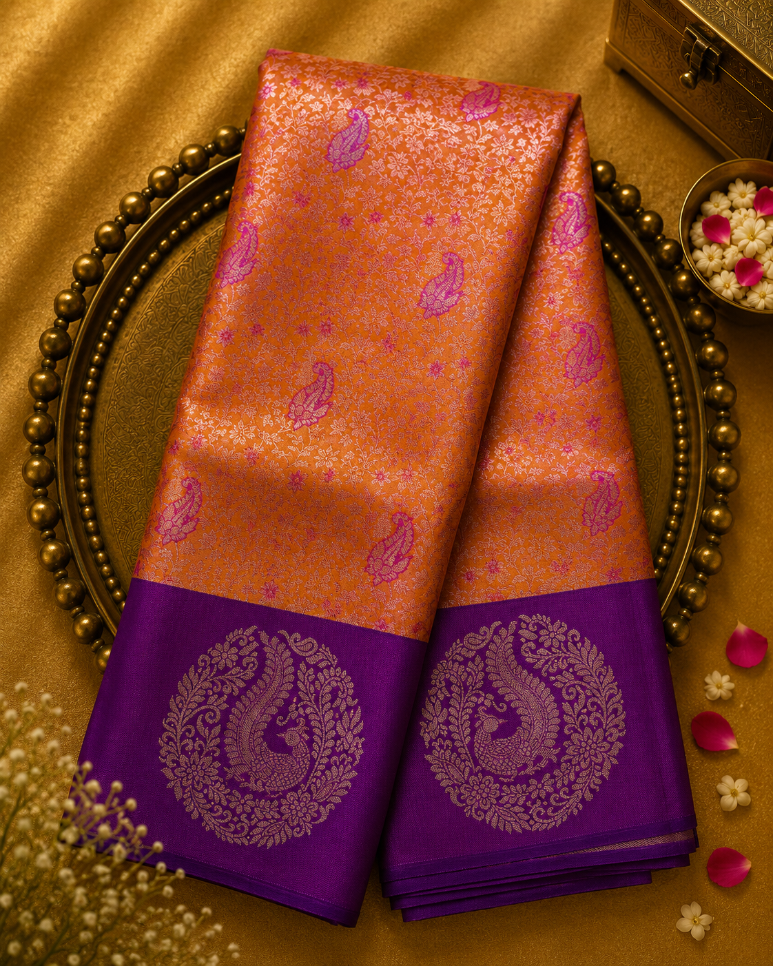 Bright Orange Silk Saree with Purple Motifs & Peacock Zari Border