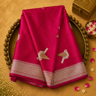 Bright Pink Satin Crepe Silk Saree with Bird Zari Motifs & Gold Border