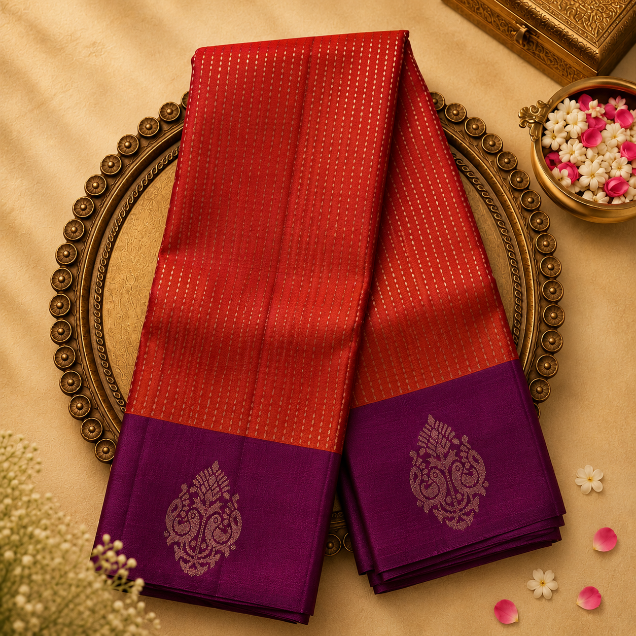 Bright Orange Silk Saree with Silver Zari & Purple-Gold Border