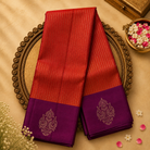Bright Orange Silk Saree with Silver Zari & Purple-Gold Border