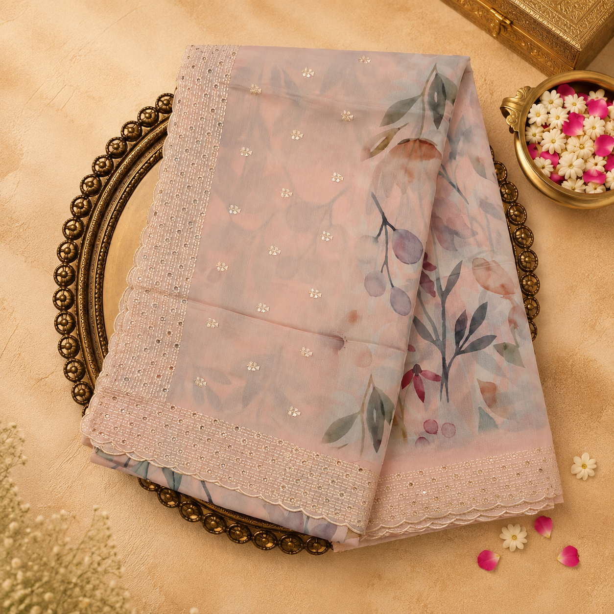 Light Pink Semi Tussar Silk Saree with Floral Print & Dotted Embroidery Border