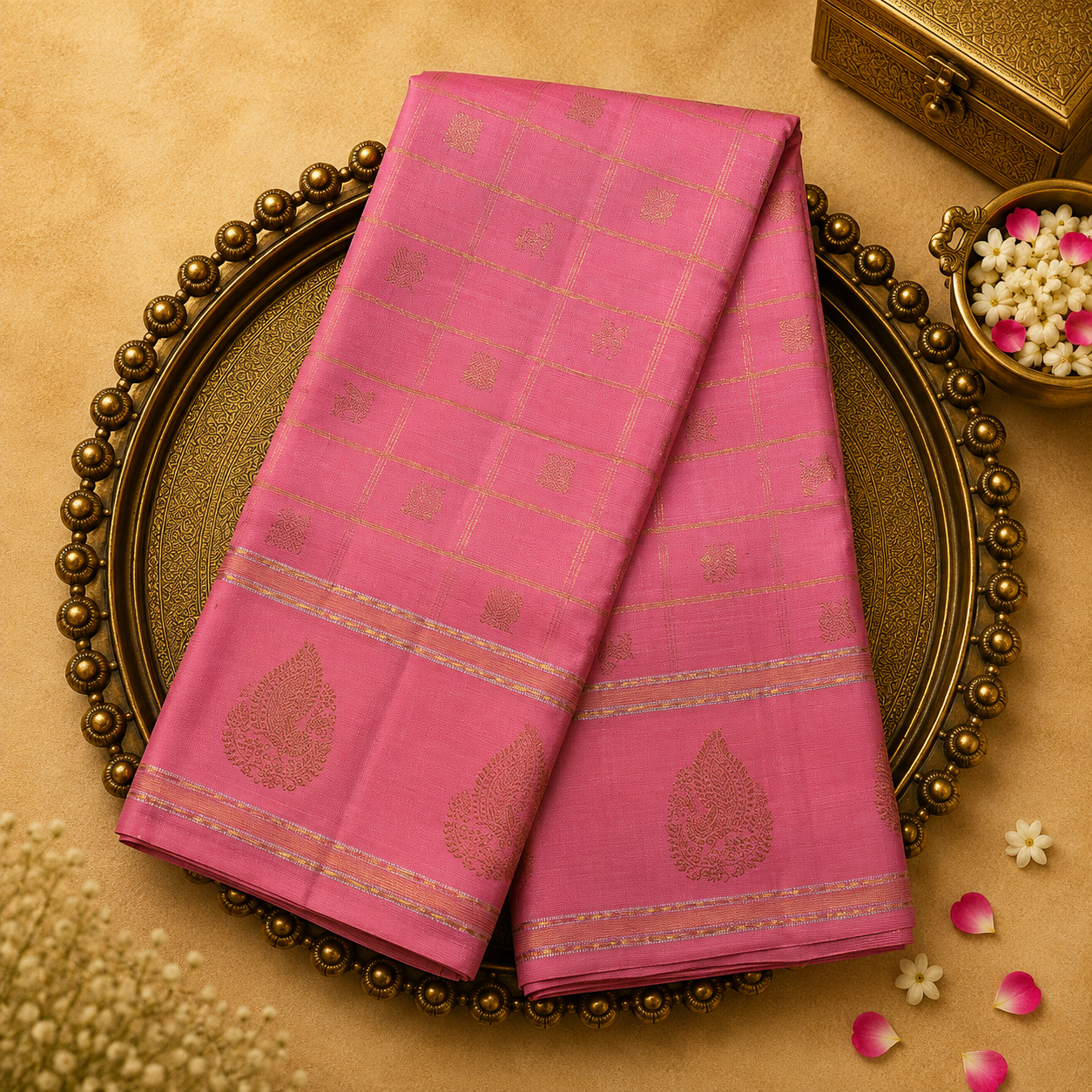 Dark Peach Kanjeevaram Silk Saree with Gold Zari Motifs & Motif Border