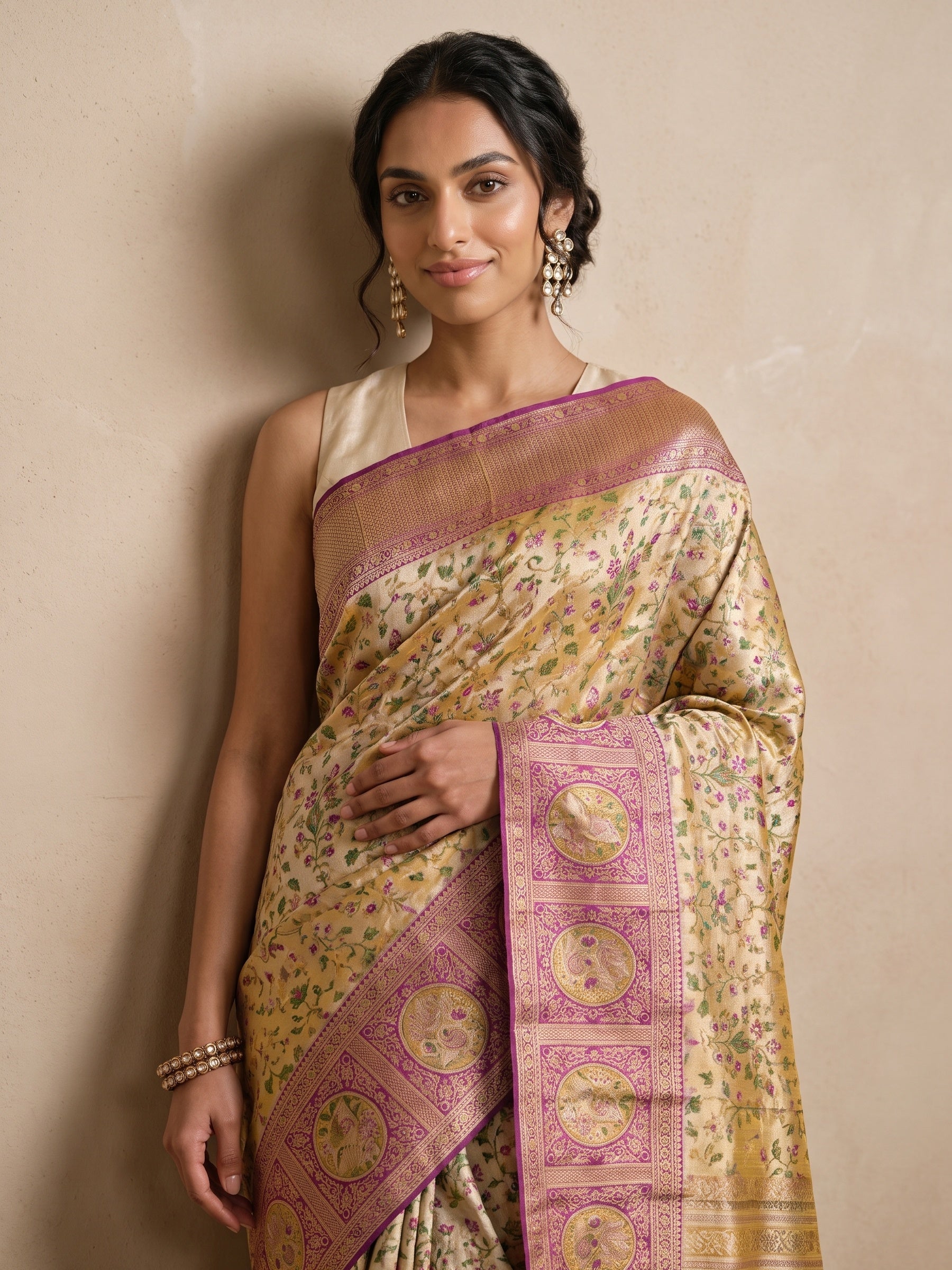 Golden Pure Kanjivaram Silk Saree - portrait