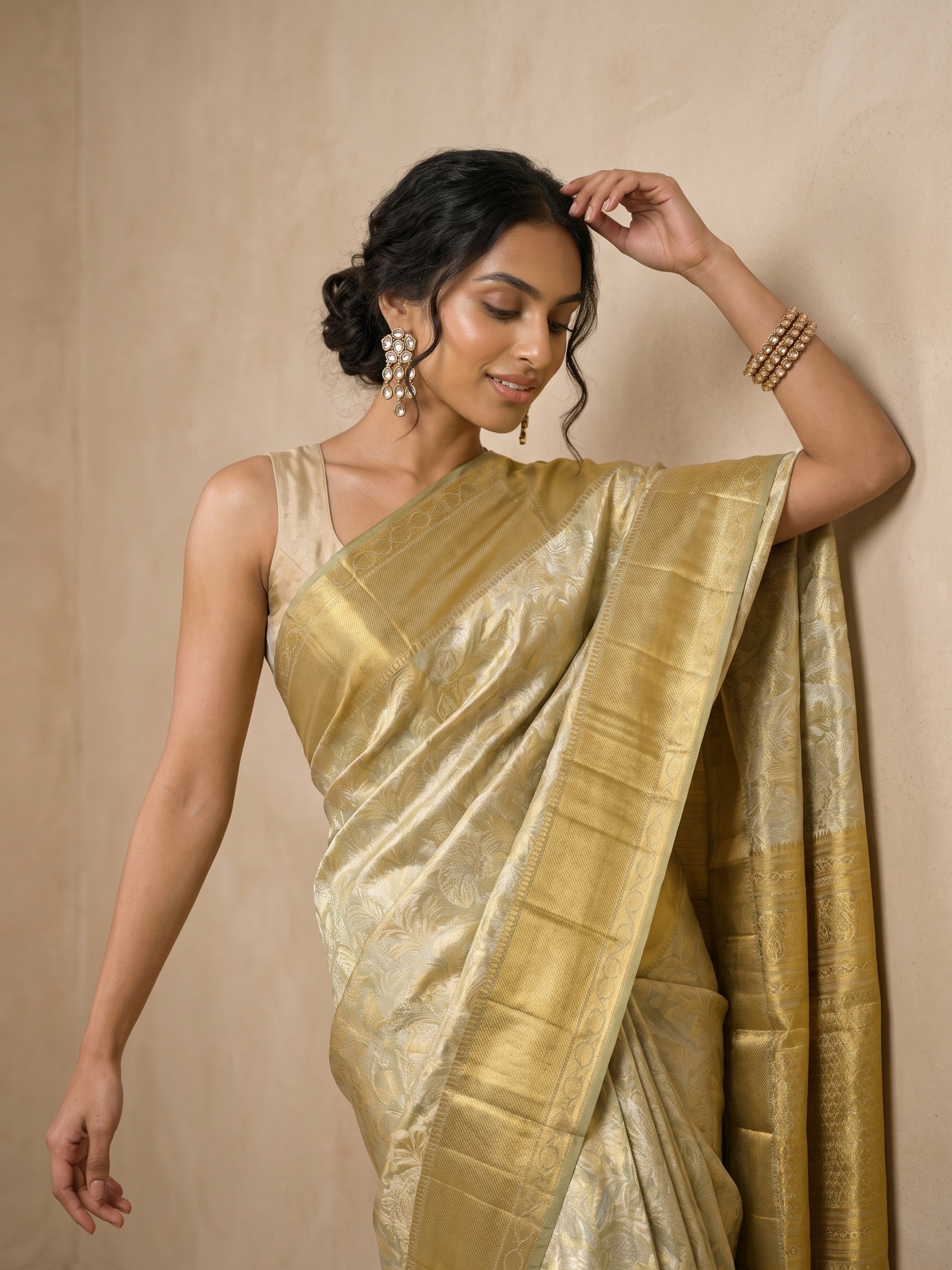 Ivory Pure Kanjivaram Silk Saree - portrait