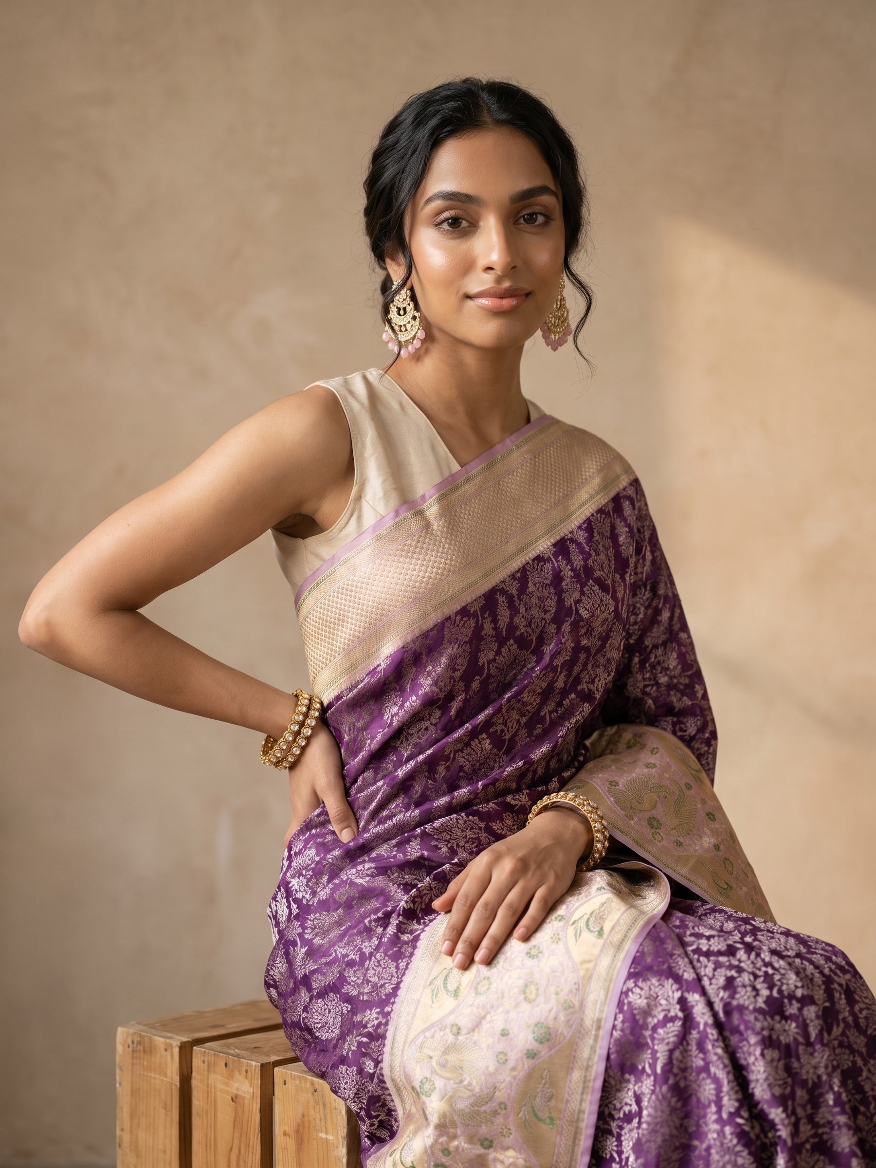 Purple Pure Kanjivaram Silk Saree - seated portrait