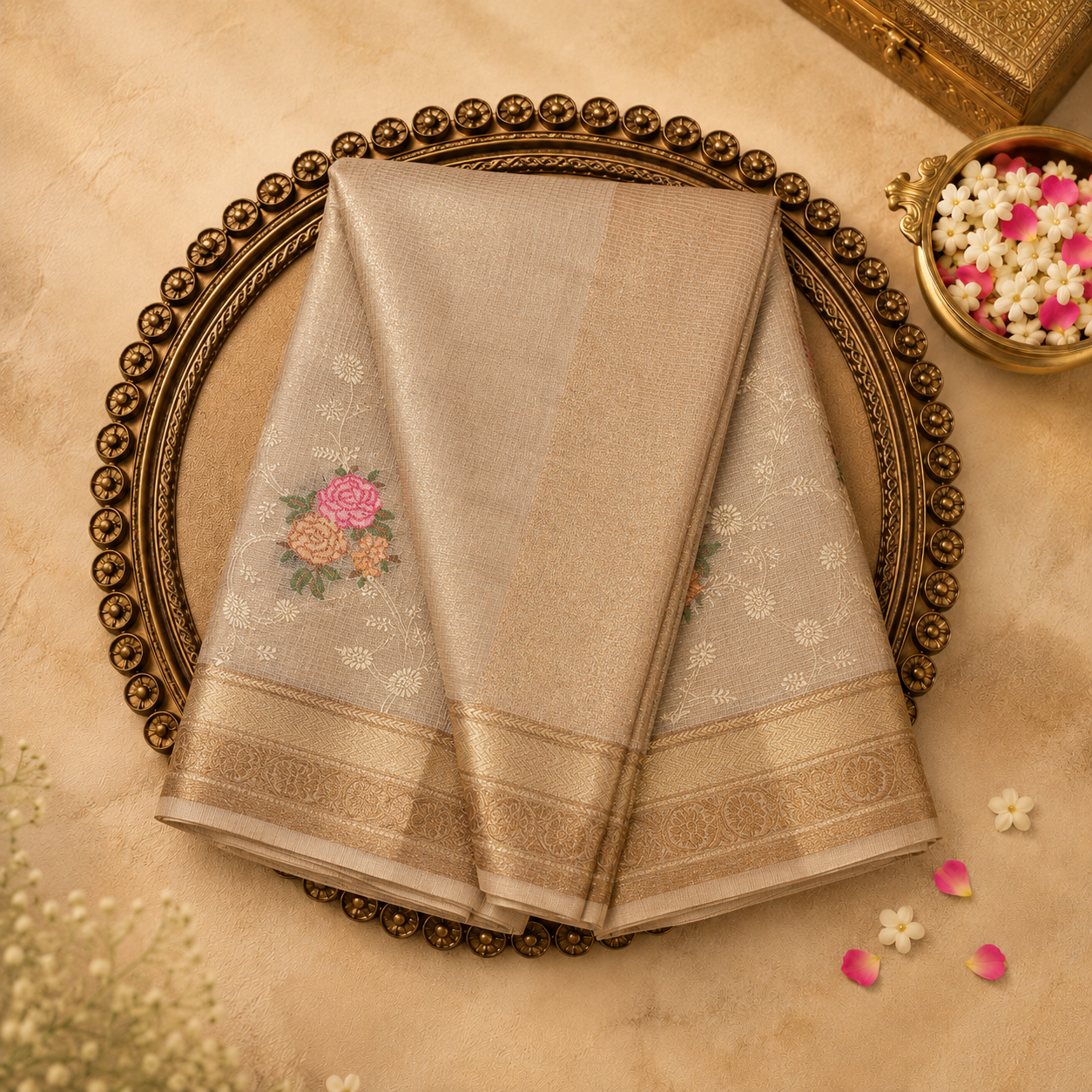 Ivory Kota Cotton Saree with Floral Embroidery, Gold Zari Border & Running Blouse
