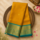 Bright Yellow Silk Saree with Gold Zari Buttas & Green-Blue-Gold Border