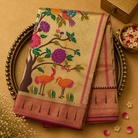 Gold-Pink Semi Tissue Silk Saree with Ikat Pallu & Pink Ikat Border