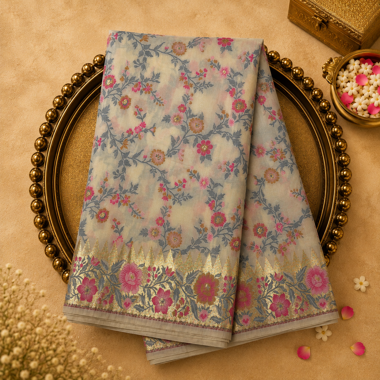 Half White Semi Banarasi Silk Saree with Floral Weave & Gold Floral Border